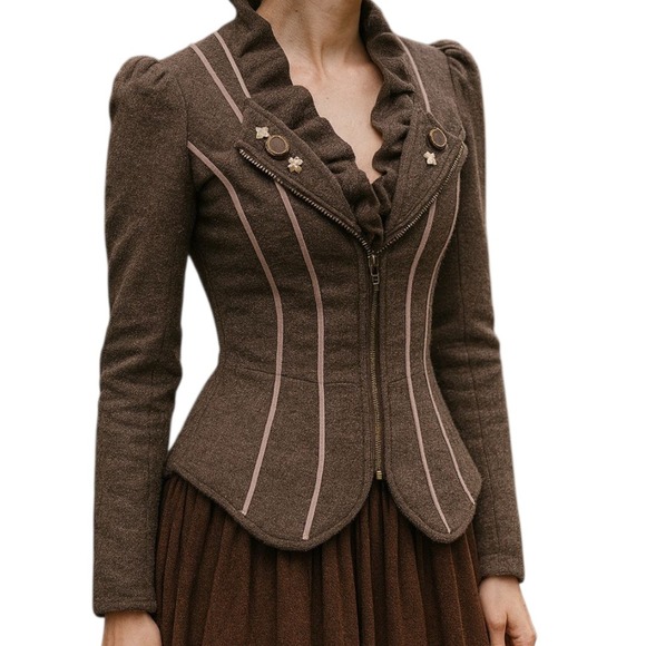 Charlie & Robin Y2K Brown Wool Blend Ruffle Trim Steampunk Corset Jacket Medium - Picture 1 of 10